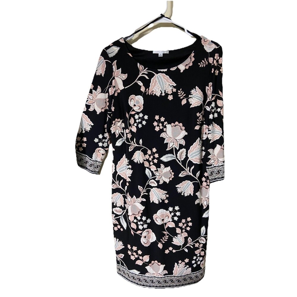 Sandra Darren Women's Size Medium Black w/ Pink Floral 3/4 Sleeve Sheath Dress